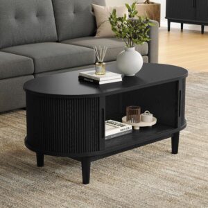 LINSY HOME Oval Coffee Table, 31.5" Drum Coffee Table with Sliding Tambour Door, Fluted Accent Center Table with Storage, Mid Century Modern Coffee Tables for Living Room (Oval Black) - Image 1