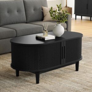 LINSY HOME Oval Coffee Table, 31.5" Drum Coffee Table with Sliding Tambour Door, Fluted Accent Center Table with Storage, Mid Century Modern Coffee Tables for Living Room (Oval Black) - Image 2
