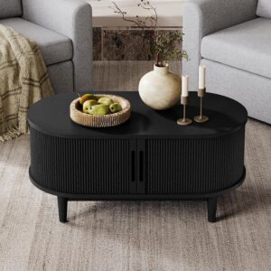 LINSY HOME Oval Coffee Table, 31.5" Drum Coffee Table with Sliding Tambour Door, Fluted Accent Center Table with Storage, Mid Century Modern Coffee Tables for Living Room (Oval Black) - Image 3
