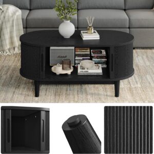 LINSY HOME Oval Coffee Table, 31.5" Drum Coffee Table with Sliding Tambour Door, Fluted Accent Center Table with Storage, Mid Century Modern Coffee Tables for Living Room (Oval Black) - Image 5