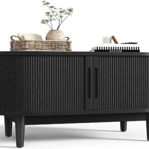 LINSY HOME Oval Coffee Table, 31.5" Drum Coffee Table with Sliding Tambour Door, Fluted Accent Center Table with Storage, Mid Century Modern Coffee Tables for Living Room (Oval Black) - Image 6