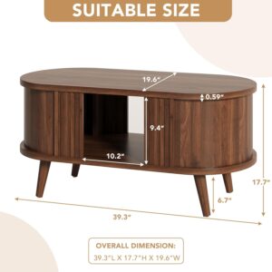 39.3" Oval Fluted Coffee Table with Storage, Fluted Mid-Century, Walnut | Oval Fluted Mid-Century Design; Hidden Storage Under Tabletop; Sturdy Solid Wood Legs; For Living Room & Small Spaces - Image 2