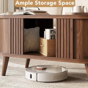 39.3" Oval Fluted Coffee Table with Storage, Fluted Mid-Century, Walnut | Oval Fluted Mid-Century Design; Hidden Storage Under Tabletop; Sturdy Solid Wood Legs; For Living Room & Small Spaces - Image 3