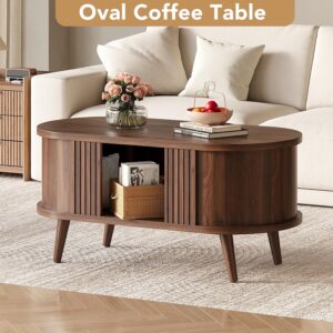 39.3" Oval Fluted Coffee Table with Storage, Fluted Mid-Century, Walnut | Oval Fluted Mid-Century Design; Hidden Storage Under Tabletop; Sturdy Solid Wood Legs; For Living Room & Small Spaces - Image 4