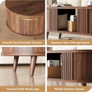 39.3" Oval Fluted Coffee Table with Storage, Fluted Mid-Century, Walnut | Oval Fluted Mid-Century Design; Hidden Storage Under Tabletop; Sturdy Solid Wood Legs; For Living Room & Small Spaces - Image 5