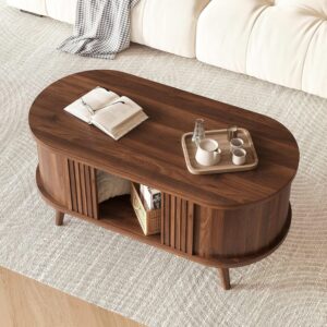 39.3" Oval Fluted Coffee Table with Storage, Fluted Mid-Century, Walnut | Oval Fluted Mid-Century Design; Hidden Storage Under Tabletop; Sturdy Solid Wood Legs; For Living Room & Small Spaces - Image 6