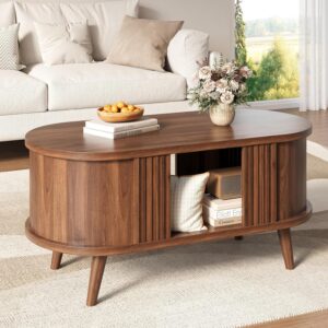 39.3" Oval Fluted Coffee Table with Storage, Fluted Mid-Century, Walnut | Oval Fluted Mid-Century Design; Hidden Storage Under Tabletop; Sturdy Solid Wood Legs; For Living Room & Small Spaces - Image 7
