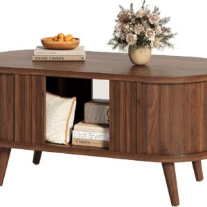 39.3" Oval Fluted Coffee Table with Storage, Fluted Mid-Century, Walnut | Oval Fluted Mid-Century Design; Hidden Storage Under Tabletop; Sturdy Solid Wood Legs; For Living Room & Small Spaces - Image 8
