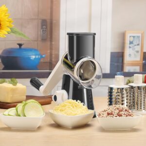 Cambom Rotary Cheese Grater Hand Crank Cheese Shredder, Black | for Fresh Cheese, Vegetable, Nuts,Non-slip Suction Base, Three Blades - Image 2