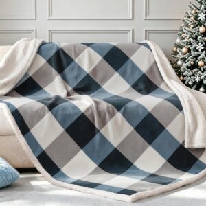PU MEI Sherpa Fleece Throw Blanket 60" x 80" Reversible Plush Fluffy Large Big Blanket Lattice Flannel Blankets for Sofa Couch Bed (Grey-Soft Blue, 60"*80") - Image 5
