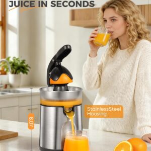 Electric Orange Juicer, Citrus Juicer Squeezer with 2 Interchangeable Cones, 160W Electric Juicer Machine with Stainless Steel Body & Transparent Juice Collector for Lime Grapefruit Lemon - Image 2