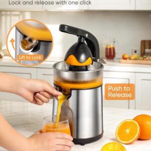 Electric Orange Juicer, Citrus Juicer Squeezer with 2 Interchangeable Cones, 160W Electric Juicer Machine with Stainless Steel Body & Transparent Juice Collector for Lime Grapefruit Lemon - Image 4