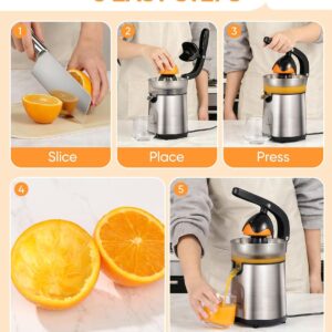 Electric Orange Juicer, Citrus Juicer Squeezer with 2 Interchangeable Cones, 160W Electric Juicer Machine with Stainless Steel Body & Transparent Juice Collector for Lime Grapefruit Lemon - Image 6