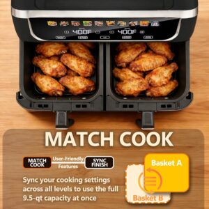 Simple Deluxe 9.5-Qt Dual Basket Air Fryer, 10-in-1 Digital Preset 1700W Airfryer, Sync Cook, Independent Temp Control, Shake Reminder, Nonstick Basket, Black - Image 6