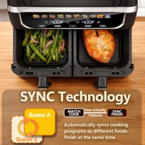 Simple Deluxe 9.5-Qt Dual Basket Air Fryer, 10-in-1 Digital Preset 1700W Airfryer, Sync Cook, Independent Temp Control, Shake Reminder, Nonstick Basket, Black - Image 7