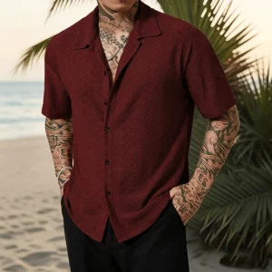Men's Vacation Casual Style Knitted Geometric Striped Crochet Textured Jacquard Loose Short-Sleeve Shirt Hawaiian Beach Shirts - Image 2