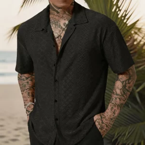 Men's Vacation Casual Style Knitted Geometric Striped Crochet Textured Jacquard Loose Short-Sleeve Shirt Hawaiian Beach Shirts - Image 3