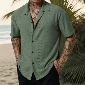 Men's Vacation Casual Style Knitted Geometric Striped Crochet Textured Jacquard Loose Short-Sleeve Shirt Hawaiian Beach Shirts - Image 4