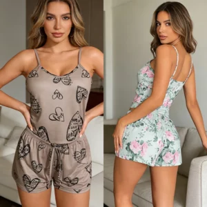 Women Sexy Pajama Ladies Satin Pajama Print Round Neck Ice Silk Top T-Shirt and Shorts Sets Breathable Comfortable Home Wear New - Image 3