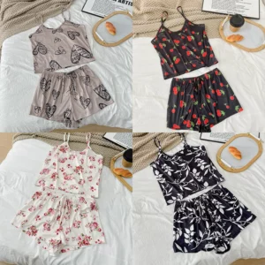 Women Sexy Pajama Ladies Satin Pajama Print Round Neck Ice Silk Top T-Shirt and Shorts Sets Breathable Comfortable Home Wear New - Image 4