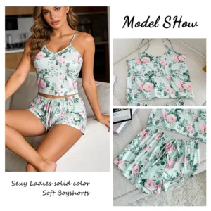 Women Sexy Pajama Ladies Satin Pajama Print Round Neck Ice Silk Top T-Shirt and Shorts Sets Breathable Comfortable Home Wear New - Image 5