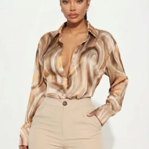 Plus Size Women's Swirl Pattern Button Up Shirt, Long Sleeve Point Collar Loose Fit Blouse - Image 2