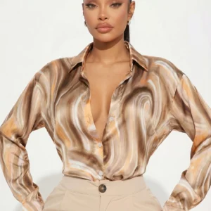 Plus Size Women's Swirl Pattern Button Up Shirt, Long Sleeve Point Collar Loose Fit Blouse - Image 5