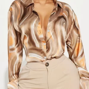 Plus Size Women's Swirl Pattern Button Up Shirt, Long Sleeve Point Collar Loose Fit Blouse - Image 3