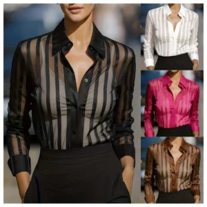 Sheer Vertical Stripe Button Down Shirt Long Sleeve Collared Blouse For Women Office Top - Image 5