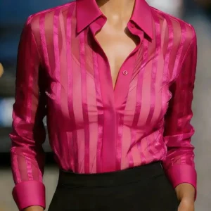 Sheer Vertical Stripe Button Down Shirt Long Sleeve Collared Blouse For Women Office Top - Image 6