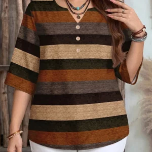 Plus Size Women's Striped Button-Down Top with Half Sleeves Perfect for Casual Wear - Image 3