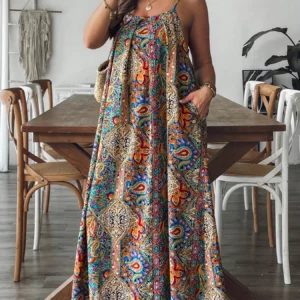 Plus Size Floral Paisley Maxi Dress Flowy Beachy Boho Vacation Gown Summer Dress - Image 2
