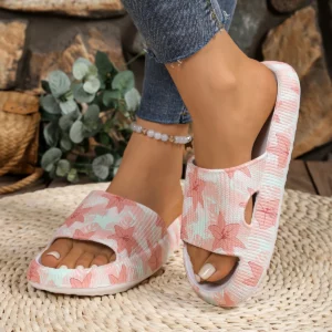 Sweet pink floral print women's summer slippers seaside beach walk daily leisure home use Comfortable soft thick bottom slippers - Image 4