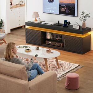 TV Stand for 65 Inch TV, Entertainment Center with Power Outlet | RGB LED Lights, Large Storage Cabinets, Adjustable Glass Shelf, Media Console for Living Room, Bedroom, Black - Image 5