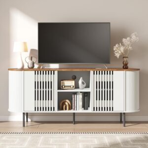 65 Inch TV Stand for TVs up to 75 Inch, Mid Century Modern Entertainment Center with Storage and Adjustable Shelves, Curved Profile Design,Media Console with Cable Management for Living Room, White - Image 8