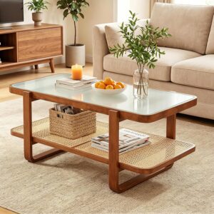 Giantex Rattan Coffee Table, 41.5" Farmhouse Center Table with Storage & Frosted Tempered Glass, Wood Boho Accent Cocktail Tea Table, Modern Living Room Table for Small Spaces, Walnut - Image 1