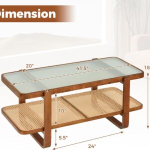 Giantex Rattan Coffee Table, 41.5" Farmhouse Center Table with Storage & Frosted Tempered Glass, Wood Boho Accent Cocktail Tea Table, Modern Living Room Table for Small Spaces, Walnut - Image 2
