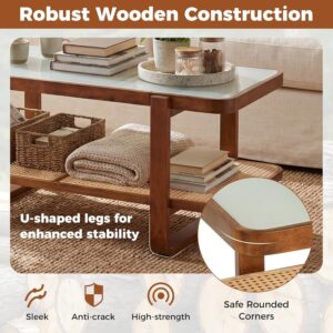 Giantex Rattan Coffee Table, 41.5" Farmhouse Center Table with Storage & Frosted Tempered Glass, Wood Boho Accent Cocktail Tea Table, Modern Living Room Table for Small Spaces, Walnut - Image 3