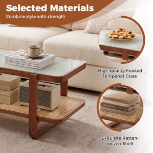 Giantex Rattan Coffee Table, 41.5" Farmhouse Center Table with Storage & Frosted Tempered Glass, Wood Boho Accent Cocktail Tea Table, Modern Living Room Table for Small Spaces, Walnut - Image 4