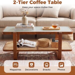 Giantex Rattan Coffee Table, 41.5" Farmhouse Center Table with Storage & Frosted Tempered Glass, Wood Boho Accent Cocktail Tea Table, Modern Living Room Table for Small Spaces, Walnut - Image 5
