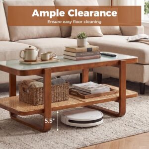 Giantex Rattan Coffee Table, 41.5" Farmhouse Center Table with Storage & Frosted Tempered Glass, Wood Boho Accent Cocktail Tea Table, Modern Living Room Table for Small Spaces, Walnut - Image 6