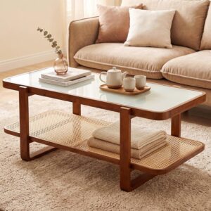 Giantex Rattan Coffee Table, 41.5" Farmhouse Center Table with Storage & Frosted Tempered Glass, Wood Boho Accent Cocktail Tea Table, Modern Living Room Table for Small Spaces, Walnut - Image 7