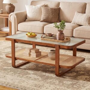 Giantex Rattan Coffee Table, 41.5" Farmhouse Center Table with Storage & Frosted Tempered Glass, Wood Boho Accent Cocktail Tea Table, Modern Living Room Table for Small Spaces, Walnut - Image 8