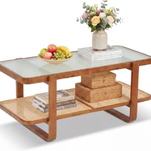 Giantex Rattan Coffee Table, 41.5" Farmhouse Center Table with Storage & Frosted Tempered Glass, Wood Boho Accent Cocktail Tea Table, Modern Living Room Table for Small Spaces, Walnut - Image 9