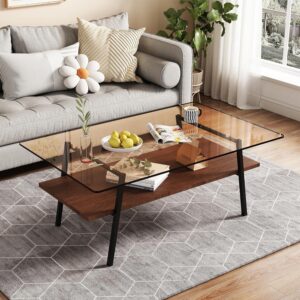 Modern Glass Coffee Table, Mid Century Small Coffee Table, Coffee Table for Living Room with Wood Shelves for Bedroom Living Room Reception Office - Image 1