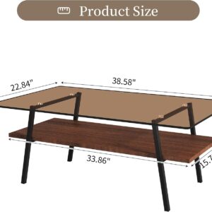 Modern Glass Coffee Table, Mid Century Small Coffee Table, Coffee Table for Living Room with Wood Shelves for Bedroom Living Room Reception Office - Image 2