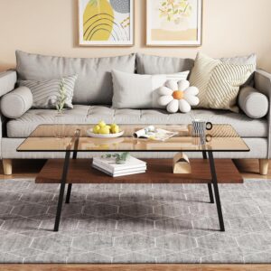 Modern Glass Coffee Table, Mid Century Small Coffee Table, Coffee Table for Living Room with Wood Shelves for Bedroom Living Room Reception Office - Image 3