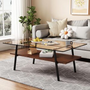 Modern Glass Coffee Table, Mid Century Small Coffee Table, Coffee Table for Living Room with Wood Shelves for Bedroom Living Room Reception Office - Image 4