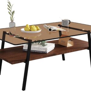 Modern Glass Coffee Table, Mid Century Small Coffee Table, Coffee Table for Living Room with Wood Shelves for Bedroom Living Room Reception Office - Image 5