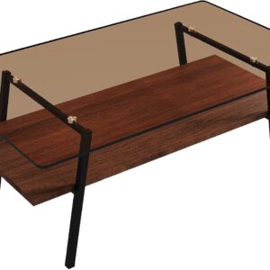 Modern Glass Coffee Table, Mid Century Small Coffee Table, Coffee Table for Living Room with Wood Shelves for Bedroom Living Room Reception Office - Image 6